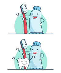 Linear Flat hugs tooth brush paste teeth vector set Dental care