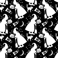 Obraz premium Seamless black and white pattern with witch silhouette. Halloween background. Vector clip art.