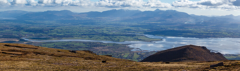 View of Castlemaine harbour and MacGillycuddy Reeks from Sliabh Mish mountains on the Dingle Peninsula, County Kerry, Ireland