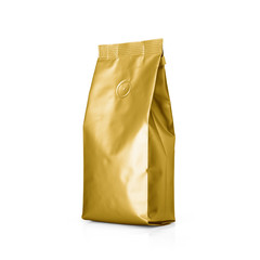 Gold Foil plastic paper bag isolated on white background. Packaging template mockup collection....