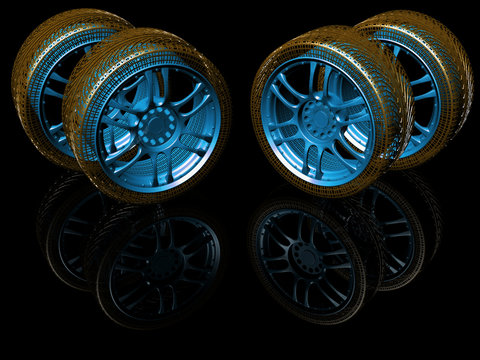 New wheels isolated on black. 3d illustration.