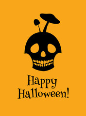 Vector bi-color illustration of a skull with toadstools growing on it. Black silhouette on an orange background, text 