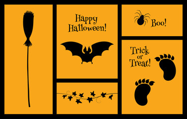 Set of vector Halloween illustrations and titles. Black silhouettes on an orange background. Horizontal format.