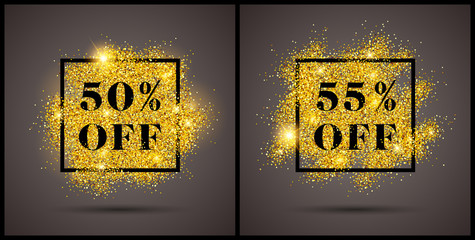 50% and 55% off luxury sales signs or tags with luxury golden glitter explosion