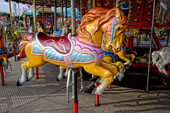Empty Merry Go Round Carousel Horses at a State Fair