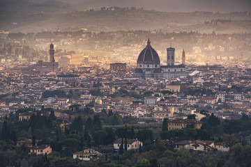Florence aerial foggy cityscape. Panorama view from Fiesole hill - obrazy, fototapety, plakaty