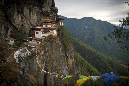 Taktsang (Tigers Nest) Monastery looms above Paro, Bhutan