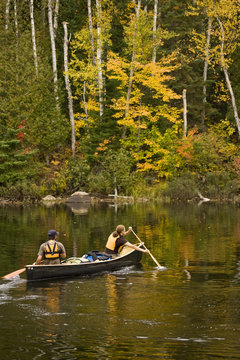 Young couple canoe on Oxtongue Lake in autumn, Mukoka, Ontario, Canada.