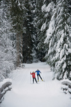 Cross country skiers Maria Lundgren and Akiko Clarke skate the trails at Lost Lake park in Whistler, BC