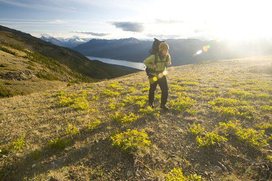 A woman hiker rambling on a ridgetop in the Chilcotin region, British Columbia
