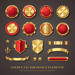 collection of elegant red and golden vector design elements - seals, labels, medals, crests, banners, star and fleur de lis
