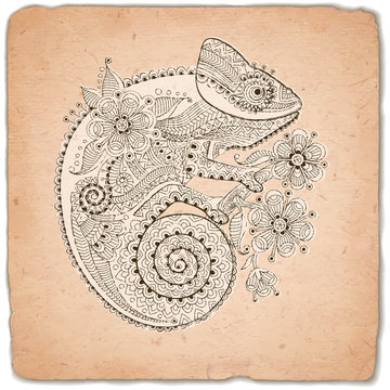 Hand drawn vintage card with a chameleon and decorative patterns.