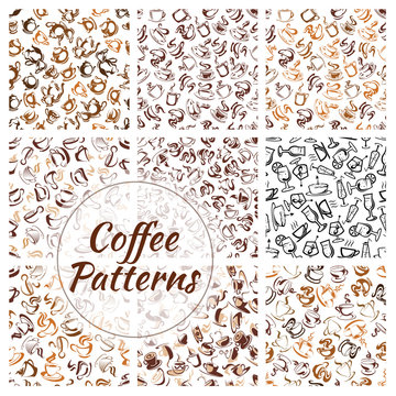 Natural coffee drinks seamless pattern set