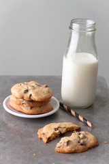 Chocolate chip cookies and a bottle of  milk 