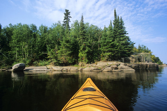 Kayak, Nutimik Lake, Whiteshell Provincial Park, Manitoba, Canada.