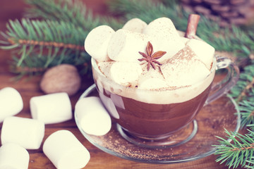 cup of hot cocoa with marshmallows on a Christmas background,toned foto