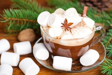 cup of hot cocoa with marshmallows on a Christmas background