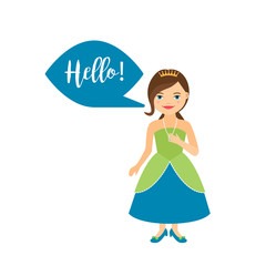 Cute cartoon princess with speech bubble for game design. Vector illustration