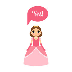 Cute cartoon princess with speech bubble Yes for game design. Vector illustration
