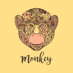 Monkey hand drawn head vector illustration with colorful ethnic motifs