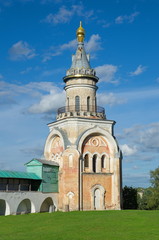 Fototapeta na wymiar Candlestick tower in the Novotorzhsk Borisoglebsk monastery, Torzhok, Tver region, Russia