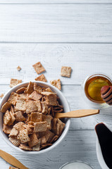 Fototapeta premium Breakfast cereal and a glass of fresh milk.