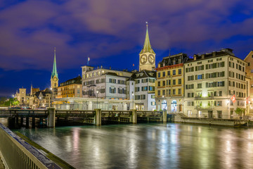 Night view of historic Zurich city center  on summer, Canton of Zurich, Switzerland.