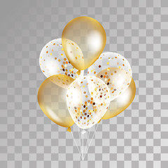 Gold transparent balloons on background.