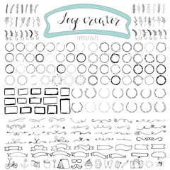 Fototapeta premium Handdrawn logo elements with arrows, ribbons, laurels, badges, squares, circles. Design your own perfect logo. Logo design isolated on background and easy to use. Vector illustration