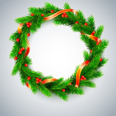 Fototapeta na wymiar Christmas wreath, fir branches, red berries, golden ribbon