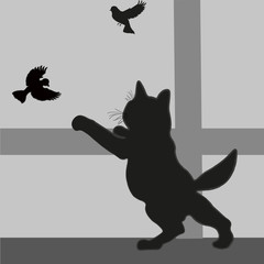 Kitten looking out of the window on the sparrow
Abstract design drawing silhouette style a predator hunting for birds sill beam tail ear paw mustache black gray eps10 vector illustration Stock
