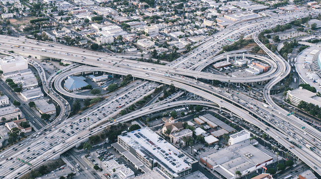 Freeway junction aerial view in Los angeles, california