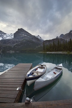 Boats and dock, Lake O'Hara, Yukness Mountain, Ringrose Peak, Yoho National Park, British Columbia, Canada