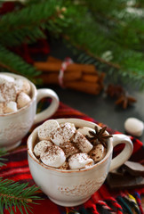 Hot chocolate with marshmallows, cinnamon and spices on a black background