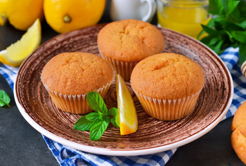 Homemade, lemon muffins with honey and mint 