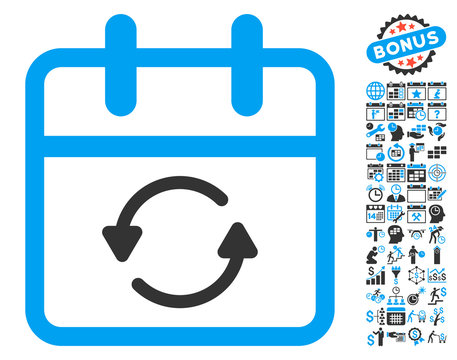 Update Day icon with bonus calendar and time management design elements. Vector illustration style is flat iconic bicolor symbols, blue and gray colors, white background.