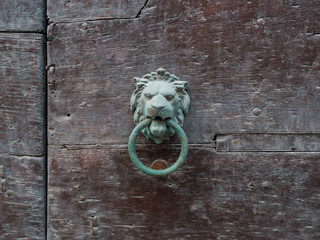 lion's head medieval door knocker on old wooden door