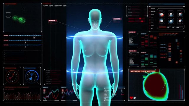 Female Human body scanning lymphatic system in digital display dashboard. Blue X-ray light.