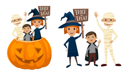 Kids in Halloween costumes mummies, vampire and witches are sitting in a pumpkin with sign Trick or Treat. Kids in Halloween festive design concept. Beggars Night october holiday. All Hallows Evening.