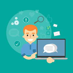 Smiling cartoon boy holding laptop with speech bubbles on screen. Social media banner on green background with communication icons, vector illustration. Media sharing, virtual marketing