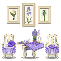 Romantic purple serve table with flowers, chairs