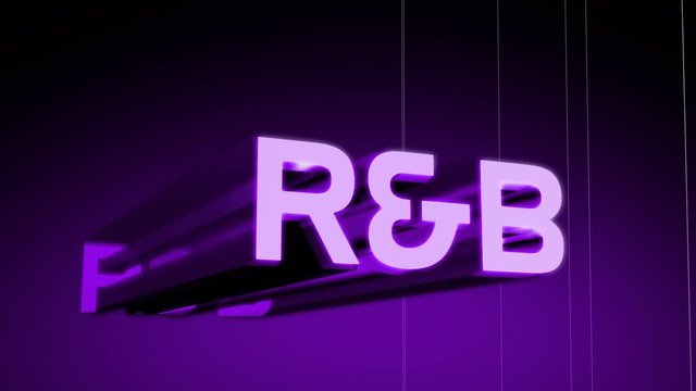 R&B music genre header in 3D animating in and rotating with a wireframe rotating background. Last 10 seconds loop. HD 1080i.