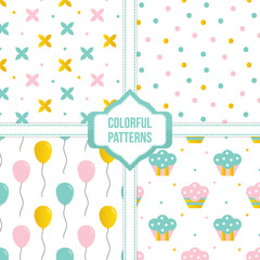 Set, collection of four colorful party seamless pattern backgrounds.