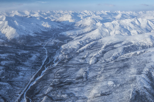 Aerial view of the Dempster Highway and the Ogilvie Mountains, northern Yukon.