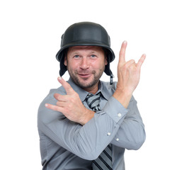 Bearded funny man in tie and helmet showing fingers on white background