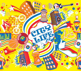 Colorful city life horizontal seamless pattern. Urban city vector illustration

