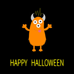 Happy Halloween card. Orange monster with eyes, horns, tongue, electricity line. Funny Cute cartoon character. Baby collection. Flat design. Black background.