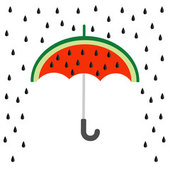 Big watermelon slice cut with seed. Umbrella and rain. Flat design icon Summer autumn fall time. Isolated. White background