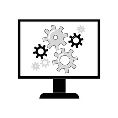Gear icon on the monitor screen. Vector flat line