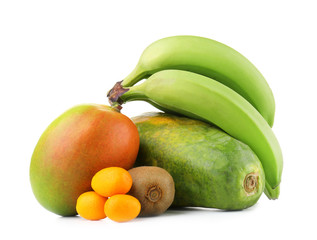 Exotic fruits: mango, bananas, papaya, kiwi and kumquats isolated on white